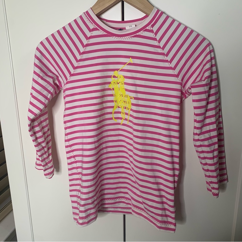 Girl’s Ralph Lauren Striped Large Logo Swim Rashguard Shirt